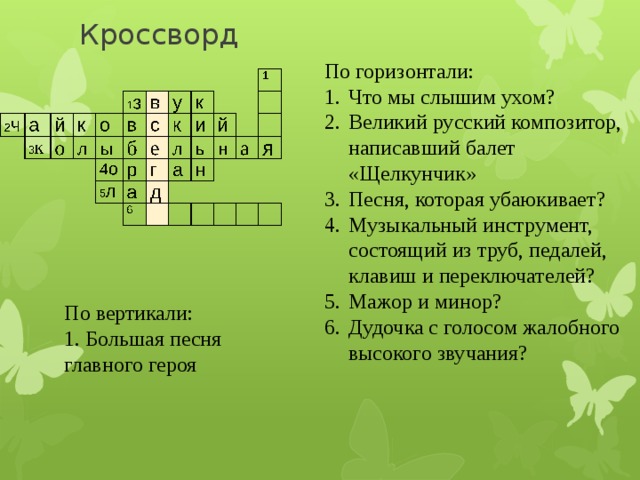 Кроссворд По горизонтали: Что мы слышим ухом? Великий русский композитор, написавший балет «Щелкунчик» Песня, которая убаюкивает? Музыкальный инструмент, состоящий из труб, педалей, клавиш и переключателей? Мажор и минор? Дудочка с голосом жалобного высокого звучания? По вертикали: 1. Большая песня главного героя 