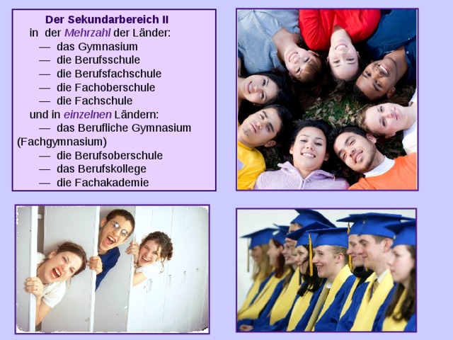 Der Sekundarbereich II  in der Mehrzahl der Länder: — das Gymnasium — die Berufsschule — die Berufsfachschule — die Fachoberschule — die Fachschule  und in einzelnen Ländern: — das Berufliche Gymnasium (Fachgymnasium) — die Berufsoberschule — das Berufskollege — die Fachakademie