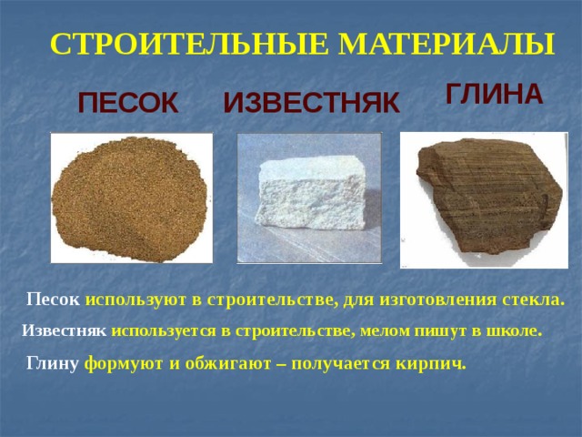 СТРОИТЕЛЬНЫЕ МАТЕРИАЛЫ ГЛИНА ПЕСОК ИЗВЕСТНЯК Песок используют в строительстве, для изготовления стекла. Известняк используется в строительстве, мелом пишут в школе.  Глину формуют и обжигают – получается кирпич. 
