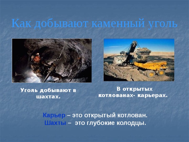 Как добывают каменный уголь В открытых котлованах- карьерах.  Уголь добывают в шахтах. Карьер – это открытый котлован. Шахты – это глубокие колодцы.  