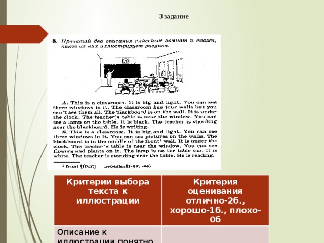 3 задание   Критерии выбора текста к иллюстрации Описание к иллюстрации понятно Критерия оценивания отлично-2б., хорошо-1б., плохо-0б 