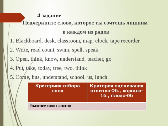 4 задание   Подчеркните слово, которое ты сочтешь лишним в каждом из рядов 1. Blackboard, desk, classroom, map, clock, tape recorder 2. Write, read count, swim, spell, speak 3. Open, think, know, understand, teacher, go 4. Put, take, today, tree, two, think 5. Come, bus, understand, school, us, lunch Критериия отбора слов Значение слов понятно Критерия оценивания отлично-2б., хорошо-1б., плохо-0б 