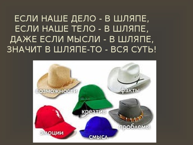    ЕСЛИ НАШЕ ДЕЛО - В ШЛЯПЕ, ЕСЛИ НАШЕ ТЕЛО - В ШЛЯПЕ, ДАЖЕ ЕСЛИ МЫСЛИ - В ШЛЯПЕ, ЗНАЧИТ В ШЛЯПЕ-ТО - ВСЯ СУТЬ!   
