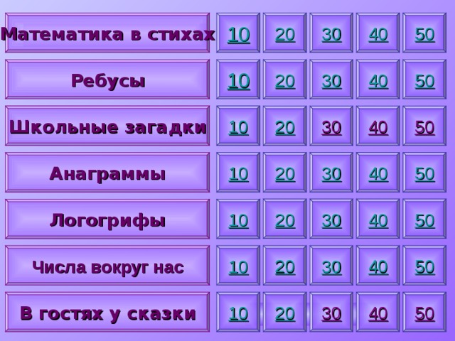 20 10 Математика в стихах 50 40 30 50 40 30 10 20 Ребусы 10 Школьные загадки 40 50 30 20 Анаграммы 10 50 40 30 20 20 30 40 50 10 Логогрифы 50 20 40 Числа вокруг нас 30 10 40 20 30 50 10 В гостях у сказки 