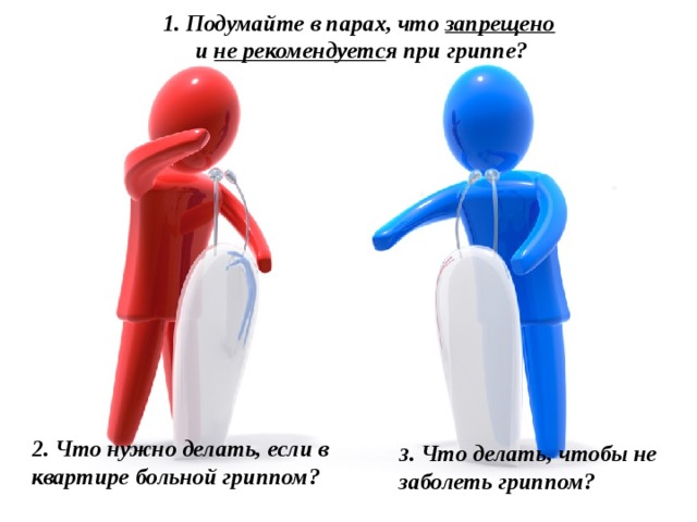 1. Подумайте в парах, что запрещено  и не рекомендуетс я при гриппе? 2. Что нужно делать, если в квартире больной гриппом? 3 . Что делать, чтобы не заболеть гриппом? 