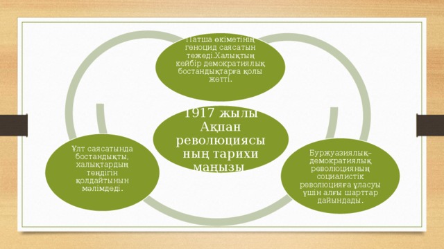 Патша өкіметінің геноцид саясатын тежеді.Халықтың кейбір демократиялық бостандықтарға қолы жетті.    1917 жылы Ақпан революциясының тарихи маңызы Ұлт саясатында бостандықты, халықтардың теңдігін қолдайтынын мәлімдеді.   Буржуазиялық–демократиялық революцияның социалистік революцияға ұласуы үшін алғы шарттар дайындады. 
