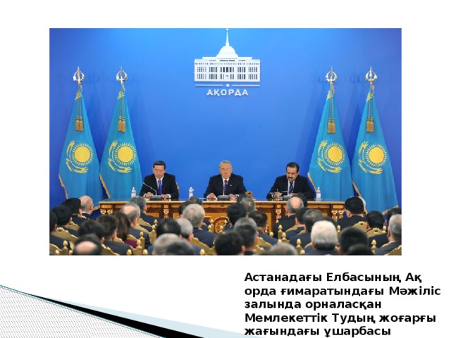 Астанадағы Елбасының Ақ орда ғимаратындағы Мәжіліс залында орналасқан Мемлекеттік Тудың жоғарғы жағындағы ұшарбасы 