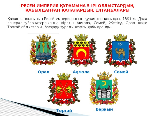 РЕСЕЙ ИМПЕРИЯ ҚҰРАМЫНА 5 ІРІ ОБЛЫСТАРДЫҢ ҚАБЫЛДАНҒАН ҚАЛАЛАРДЫҢ ЕЛТАҢБАЛАРЫ Қазақ хандығының Ресей империясының құрамына қосылды. 1891 ж. Дала генерал-губернаторлығына кіретін Ақмола, Семей, Жетісу, Орал және Торғай облыстарын басқару туралы жарғы қабылданды. Семей Орал Ақмола Верный Торғай 