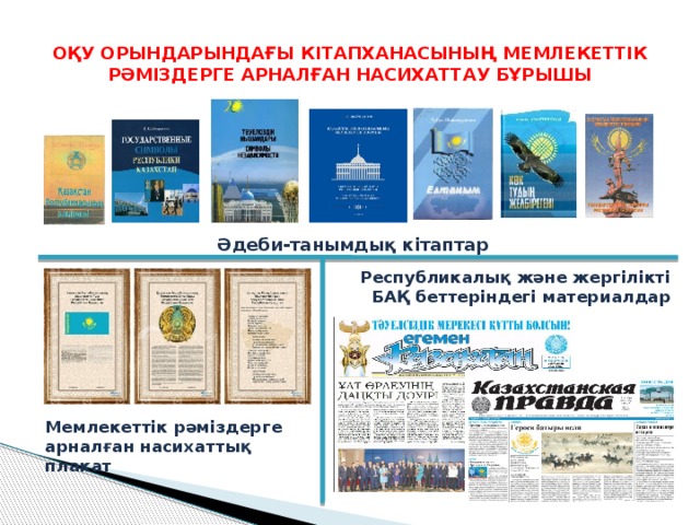 ОҚУ ОРЫНДАРЫНДАҒЫ КІТАПХАНАСЫНЫҢ МЕМЛЕКЕТТІК РӘМІЗДЕРГЕ АРНАЛҒАН НАСИХАТТАУ БҰРЫШЫ Әдеби-танымдық кітаптар Республикалық және жергілікті БАҚ беттеріндегі материалдар Мемлекеттік рәміздерге арналған насихаттық плакат 
