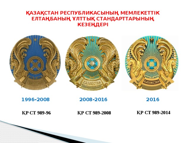 ҚАЗАҚСТАН РЕСПУБЛИКАСЫНЫҢ МЕМЛЕКЕТТІК ЕЛТАҢБАНЫҢ ҰЛТТЫҚ СТАНДАРТТАРЫНЫҢ КЕЗЕҢДЕРІ 1996-2008 2008-2016 2016 ҚР СТ 989-2014 ҚР СТ 989-96 ҚР СТ 989-2008 