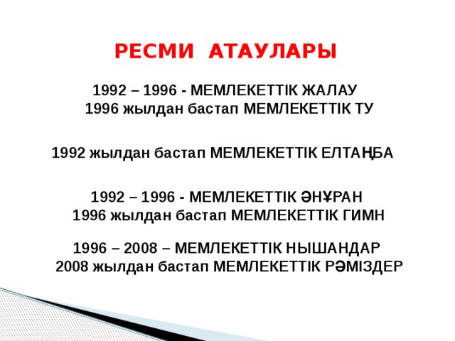 РЕСМИ АТАУЛАРЫ 1992 – 1996 - МЕМЛЕКЕТТІК ЖАЛАУ 1996 жылдан бастап МЕМЛЕКЕТТІК ТУ 1992 жылдан бастап МЕМЛЕКЕТТІК ЕЛТАҢБА 1992 – 1996 - МЕМЛЕКЕТТІК ӘНҰРАН 1996 жылдан бастап МЕМЛЕКЕТТІК ГИМН 1996 – 2008 – МЕМЛЕКЕТТІК НЫШАНДАР 2008 жылдан бастап МЕМЛЕКЕТТІК РӘМІЗДЕР 