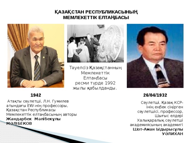 ҚАЗАҚСТАН РЕСПУБЛИКАСЫНЫҢ МЕМЛЕКЕТТІК ЕЛТАҢБАСЫ Тәуелсіз Қазақстанның Мемлекеттік Елтаңбасы ресми түрде 1992 жылы қабылданды. 1942 26/04/1932   Атақты сәулетші, Л.Н. Гумилев атындағы ЕҰУ-нің профессоры, Қазақстан Республикасы Мемлекеттік елтаңбасының авторы Жандарбек Мәлібекұлы МӘЛІБЕКОВ   Сәулетші, Қазақ КСР-інің еңбек сіңірген сәулетшісі, профессор, Шығыс елдері Халықаралық сәулетші академиясының академигі Шот-Аман Ыдырысұлы УӘЛИХАН   