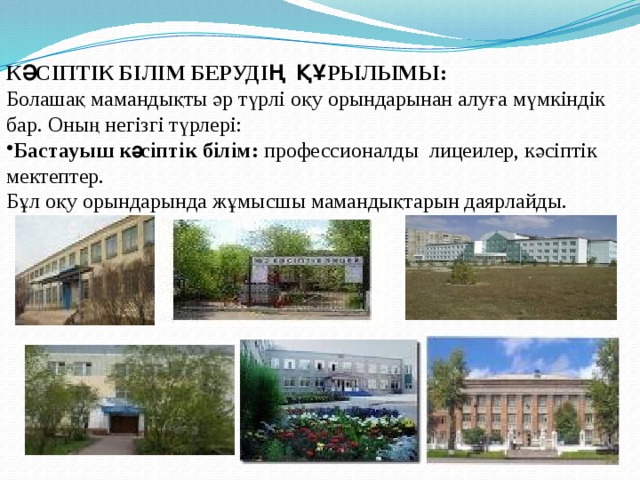КӘСІПТІК БІЛІМ БЕРУДІҢ ҚҰРЫЛЫМЫ: Болашақ мамандықты әр түрлі оқу орындарынан алуға мүмкіндік бар. Оның негізгі түрлері: Бастауыш кәсіптік білім: профессионалды лицеилер, кәсіптік мектептер. Бұл оқу орындарында жұмысшы мамандықтарын даярлайды. 