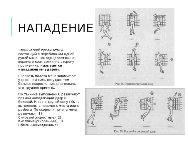 нападение Технический прием атаки, состоящий в перебивании одной рукой мяча, находящегося выше верхнего края сетки, на сторону противника, называется нападающим ударом. Скорость полета мяча зависит от удара: чем сильнее удар, тем больше скорость, следовательно, его труднее принять. По технике выполнения, различают прямой нападающий удар и боковой. И тот и другой могут быть выполнены в прыжке с места или с разбега. По скорости полета мяча различают: 1) Силовые(скоростные); 2) Кистевые(ускоренные); 3) Обманные(медленные). 