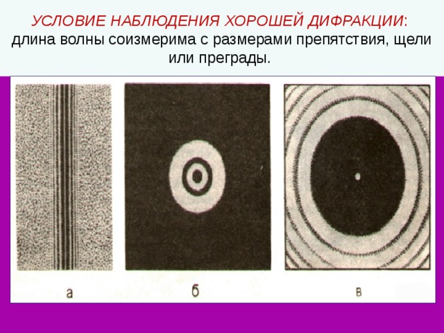  УСЛОВИЕ НАБЛЮДЕНИЯ ХОРОШЕЙ ДИФРАКЦИИ :  длина волны соизмерима с размерами препятствия, щели или преграды.   