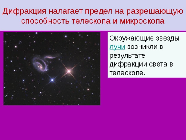 Дифракция налагает предел на разрешающую способность телескопа и микроскопа Окружающие звезды лучи возникли в результате дифракции света в телескопе. 