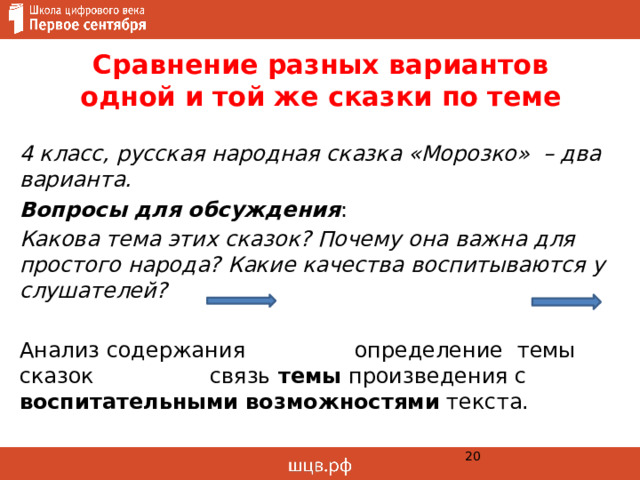 Сравнение разных вариантов  одной и той же сказки по теме 4 класс, русская народная сказка «Морозко» – два варианта. Вопросы для обсуждения : Какова тема этих сказок? Почему она важна для простого народа? Какие качества воспитываются у слушателей?  Анализ содержания определение темы сказок связь темы произведения с воспитательными  возможностями текста.  