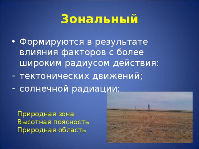 Зональный Формируются в результате влияния факторов с более широким радиусом действия: тектонических движений; солнечной радиации; Природная зона Высотная поясность Природная область 