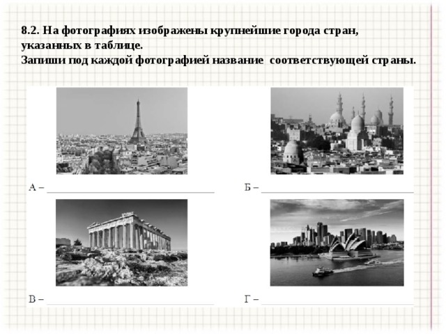 8.2. На фотографиях изображены крупнейшие города стран, указанных в таблице. Запиши под каждой фотографией название соответствующей страны. 