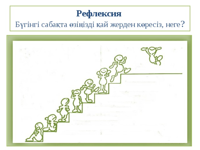 Рефлексия  Бүгінгі сабақта өзіңізді қай жерден көресіз, неге ? 