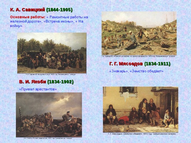К. А. Савицкий  (1844-1905) Основные работы: « Ремонтные работы на железной дороге», «Встреча иконы», « На войну». Г. Г. Мясоедов (1834-1911) «Знахарь», «Земство обедает» В. И. Якоби (1834-1902) «Привал арестантов»