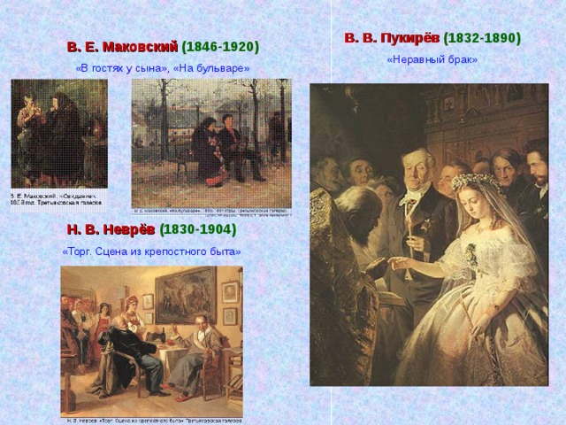 В. В. Пукирёв  (1832-1890) «Неравный брак» В. Е. Маковский (1846-1920) «В гостях у сына», «На бульваре» Н. В. Неврёв  (1830-1904) «Торг. Сцена из крепостного быта»