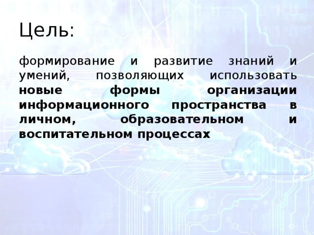 Цель: формирование и развитие знаний и умений, позволяющих использовать новые формы организации информационного пространства в личном, образовательном и воспитательном процессах 