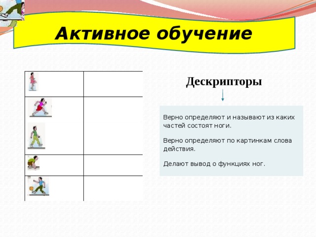 Активное обучение Дескрипторы Верно определяют и называют из каких частей состоят ноги. Верно определяют по картинкам слова действия. Делают вывод о функциях ног. 