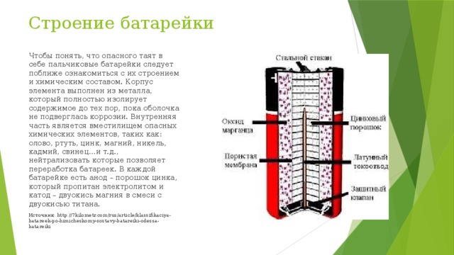 Строение батарейки Чтобы понять, что опасного таят в себе пальчиковые батарейки следует поближе ознакомиться с их строением и химическим составом. Корпус элемента выполнен из металла, который полностью изолирует содержимое до тех пор, пока оболочка не подверглась коррозии. Внутренняя часть является вместилищем опасных химических элементов, таких как: олово, ртуть, цинк, магний, никель, кадмий, свинец…и т.д., нейтрализовать которые позволяет переработка батареек. В каждой батарейке есть анод – порошок цинка, который пропитан электролитом и катод – двуокись магния в смеси с двуокисью титана. Источник: http://7kilometr.com/rus/article/klassifikaciya-batareek-po-himicheskomy-sostavy-batareiki-odessa-batareiki 