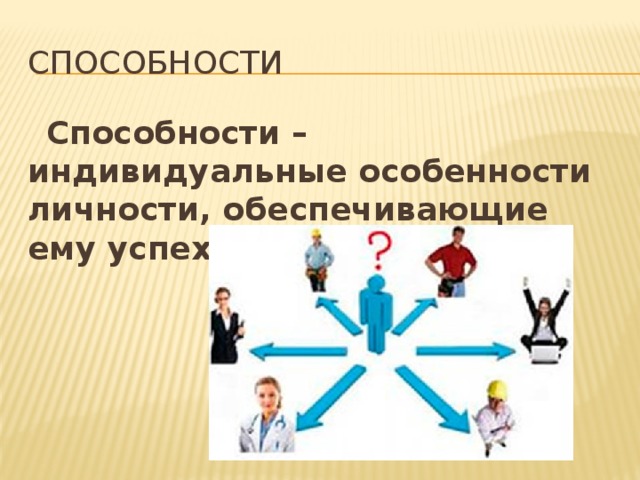 Способности  Способности – индивидуальные особенности личности, обеспечивающие ему успех в деятельности. 