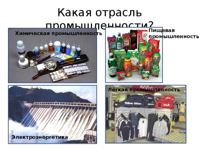 Какая отрасль промышленности? Пищевая промышленность Химическая промышленность Лёгкая промышленность Электроэнергетика 