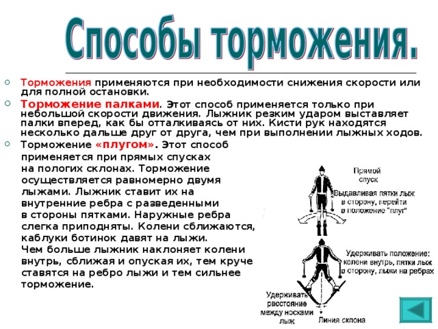 Торможения применяются при необходимости снижения скорости или для полной остановки. Торможение палками . Этот способ применяется только при небольшой скорости движения. Лыжник резким ударом выставляет палки вперед, как бы отталкиваясь от них. Кисти рук находятся несколько дальше друг от друга, чем при выполнении лыжных ходов. Торможение «плугом» . Этот способ  применяется при прямых спусках  на пологих склонах. Торможение  осуществляется равномерно двумя  лыжами. Лыжник ставит их на  внутренние ребра с разведенными  в стороны пятками. Наружные ребра  слегка приподняты. Колени сближаются,  каблуки ботинок давят на лыжи.  Чем больше лыжник наклоняет колени  внутрь, сближая и опуская их, тем круче  ставятся на ребро лыжи и тем сильнее  торможение. 