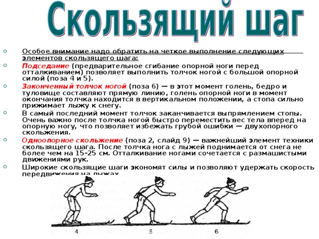 Особое внимание надо обратить на четкое выполнение следующих элементов скользящего шага: Подседание  (предварительное сгибание опорной ноги перед отталкиванием) позволяет выполнить толчок ногой с большой опорной силой (поза 4 и 5). Законченный толчок ногой  (поза 6) — в этот момент голень, бедро и туловище составляют прямую линию, голень опорной ноги в момент окончания толчка находится в вертикальном положении, а стопа сильно прижимает лыжу к снегу. В самый последний момент толчок заканчивается выпрямлением стопы. Очень важно после толчка ногой быстро переместить вес тела вперед на опорную ногу, что позволяет избежать грубой ошибки — двухопорного скольжения. Одноопорное скольжение  (поза 2, слайд 9) — важнейший элемент техники скользящего шага. После толчка нога с лыжей поднимается от снега не более чем на 15-25 см. Отталкивание ногами сочетается с размашистыми движениями рук. Широкие скользящие шаги экономят силы и позволяют удержать скорость передвижения на лыжах. 