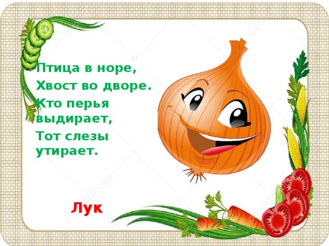 Птица в норе, Хвост во дворе. Кто перья выдирает, Тот слезы утирает.  Лук 