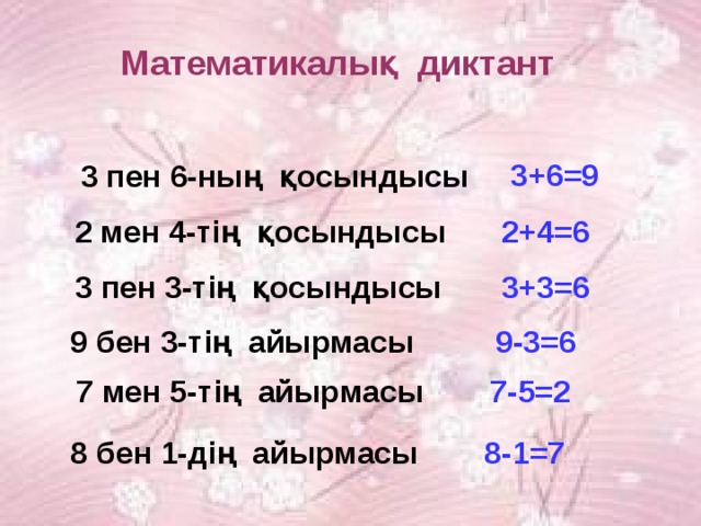 Математикалық диктант 3+6=9 3 пен 6-ның қосындысы 2 мен 4-тің қосындысы 2+4=6 3 пен 3-тің қосындысы 3+3=6 9 бен 3-тің айырмасы 9-3=6 7 мен 5-тің айырмасы 7-5=2 8 бен 1-дің айырмасы 8-1=7 