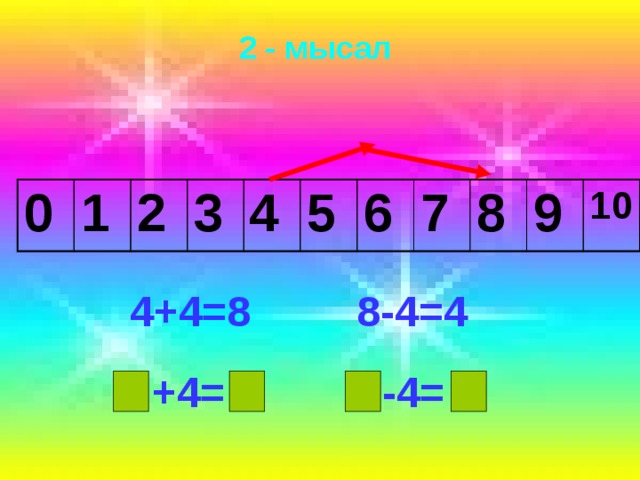 2 - мысал 0 1 2 3 4 5 6 7 8 9 10 4+4=8 8-4=4  -4=  +4= 