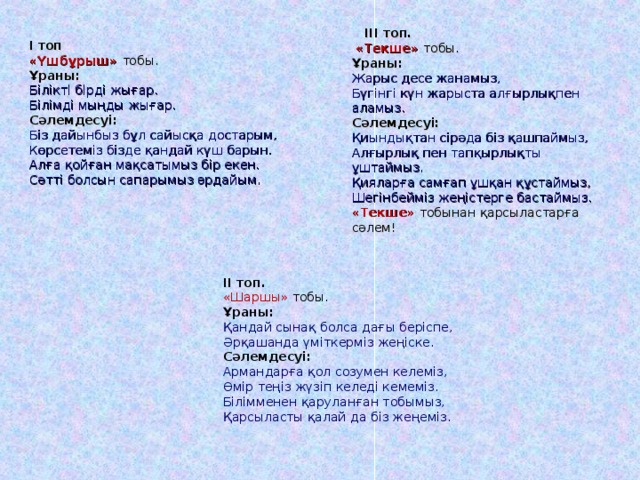  ІІІ топ.  «Т екше » тобы.  Ұраны: Жарыс десе жанамыз,  Бүгінгі күн жарыста алғырлықпен аламыз.  Сәлемдесуі: Қиындықтан сірәда біз қашпаймыз,  Алғырлық пен тапқырлықты ұштаймыз.  Қияларға самғап ұшқан құстаймыз,  Шегінбейміз жеңістерге бастаймыз.  « Текше » тобынан қарсыластарға сәлем! І топ «Үшбұрыш» тобы.  Ұраны: Білікті бірді жығар.  Білімді мыңды жығар.  Сәлемдесуі: Біз дайынбыз бұл сайысқа достарым,  Көрсетеміз бізде қандай күш барын.  Алға қойған мақсатымыз бір екен.  Сәтті болсын сапарымыз әрдайым. ІІ топ. « Шаршы » тобы.  Ұраны: Қандай сынақ болса дағы беріспе,  Әрқашанда үміткерміз жеңіске.  Сәлемдесуі: Армандарға қол созумен келеміз,  Өмір теңіз жүзіп келеді кемеміз.  Білімменен қаруланған тобымыз,  Қарсыласты қалай да біз жеңеміз. 