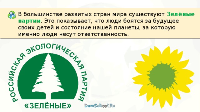 В большинстве развитых стран мира существуют  Зелёные партии . Это показывает, что люди боятся за будущее своих детей и состояние нашей планеты, за которую именно люди несут ответственность. 
