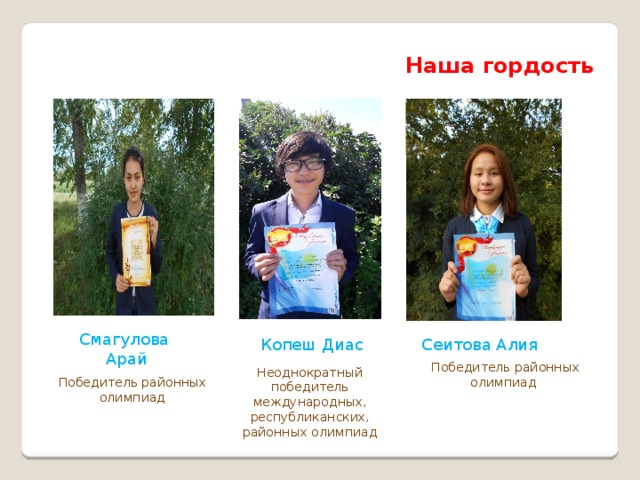 Наша гордость Смагулова Арай Копеш Диас Сеитова Алия Победитель районных олимпиад Неоднократный победитель международных, республиканских, районных олимпиад Победитель районных олимпиад 
