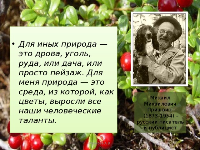 Для иных природа — это дрова, уголь, руда, или дача, или просто пейзаж. Для меня природа — это среда, из которой, как цветы, выросли все наши человеческие таланты. Михаил Михайлович Пришвин  (1873-1954) – русский писатель и публицист Иванова А.В. 