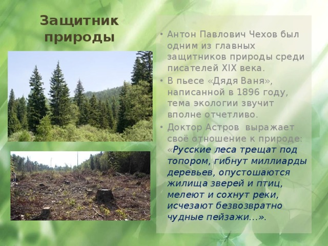 Защитник природы Антон Павлович Чехов был одним из главных защитников природы среди писателей XIX века. В пьесе «Дядя Ваня», написанной в 1896 году, тема экологии звучит вполне отчетливо. Доктор Астров выражает своё отношение к природе: « Русские леса трещат под топором, гибнут миллиарды деревьев, опустошаются жилища зверей и птиц, мелеют и сохнут реки, исчезают безвозвратно чудные пейзажи…». 