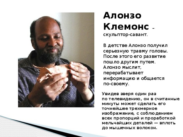 Алонзо Клемонс – скульптор-савант.  В детстве Алонзо получил серьезную травму головы. После этого его развитие пошло другим путем. Алонзо мыслит, перерабатывает информацию и общается по-своему. Увидев зверя один раз по телевидению, он в считанные минуты может сделать его точнейшее трехмерное изображение, с соблюдением всех пропорций и проработкой мельчайших деталей — вплоть до мышечных волокон.    