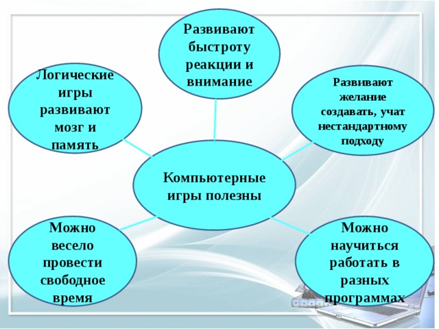 Развивают быстроту реакции и внимание Логические игры развивают мозг и память Развивают желание создавать, учат нестандартному подходу Компьютерные игры полезны Можно весело провести свободное время Можно научиться работать в разных программах 
