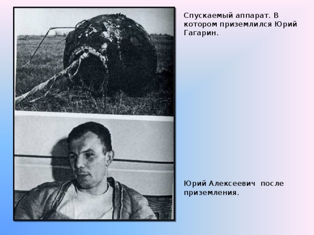 Спускаемый аппарат. В котором приземлился Юрий Гагарин. Юрий Алексеевич после приземления. 
