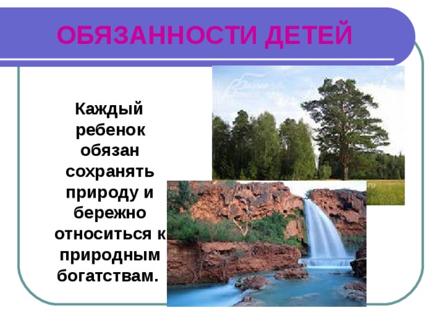 ОБЯЗАННОСТИ ДЕТЕЙ   Каждый ребенок обязан сохранять природу и бережно относиться к природным богатствам. 
