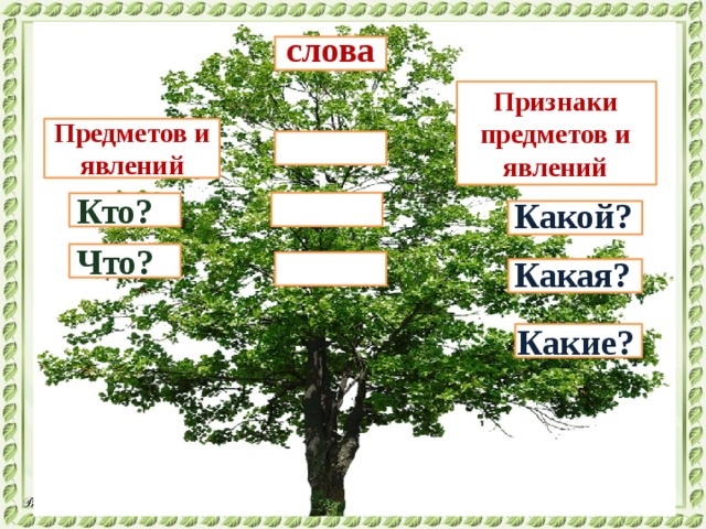 слова Признаки предметов и явлений Предметов и явлений Кто? Какой? Что? Какая? Какие? 