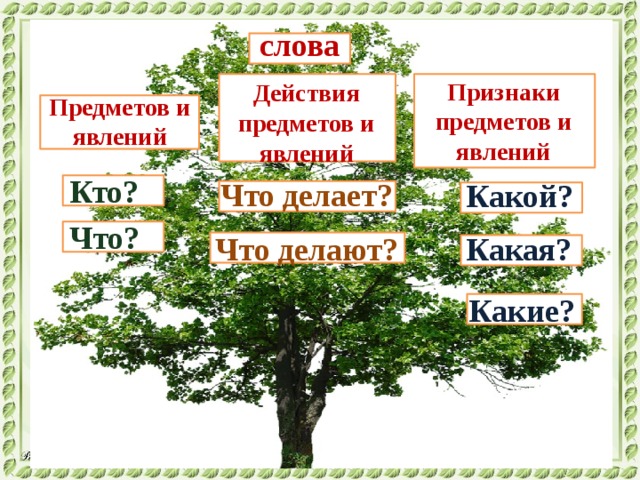 слова Признаки предметов и явлений Действия предметов и явлений Предметов и явлений Кто? Что делает? Какой? Что? Какая? Что делают? Какие? 