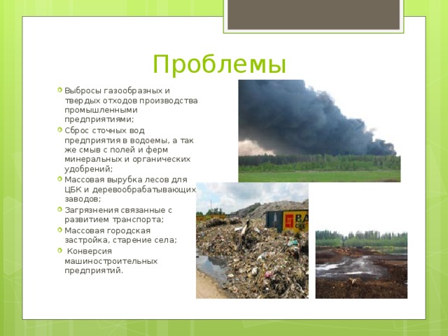 Проблемы Выбросы газообразных и твердых отходов производства промышленными предприятиями;  Сброс сточных вод предприятия в водоемы, а так же смыв с полей и ферм минеральных и органических удобрений;  Массовая вырубка лесов для ЦБК и деревообрабатывающих заводов;  Загрязнения связанные с развитием транспорта;  Массовая городская застройка, старение села;   Конверсия машиностроительных предприятий. 