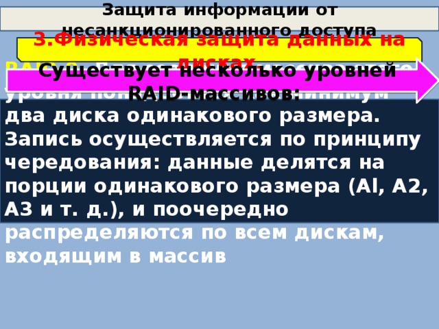 Защита информации от несанкционированного доступа 3.Физическая защита данных на дисках. Существует несколько уровней RAID-массивов: RAID 0 . Для создания массива этого уровня понадобится как минимум два диска одинакового размера. Запись осуществляется по принципу чередования: данные делятся на порции одинакового размера (Al, А2, A3 и т. д.), и поочередно распределяются по всем дискам, входящим в массив 