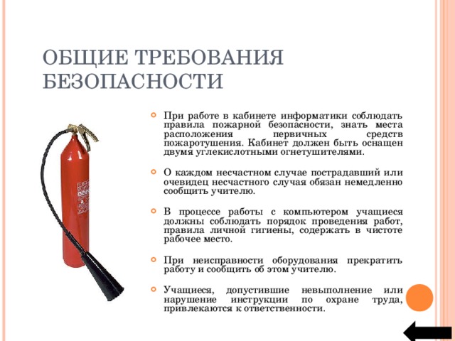 ОБЩИЕ ТРЕБОВАНИЯ БЕЗОПАСНОСТИ При работе в кабинете информатики соблюдать правила пожарной безопасности, знать места расположения первичных средств пожаротушения. Кабинет должен быть оснащен двумя углекислотными огнетушителями.  О каждом несчастном случае пострадавший или очевидец несчастного случая обязан немедленно сообщить учителю. В процессе работы с компьютером учащиеся должны соблюдать порядок проведения работ, правила личной гигиены, содержать в чистоте рабочее место.  При неисправности оборудования прекратить работу и сообщить об этом учителю.  Учащиеся, допустившие невыполнение или нарушение инструкции по охране труда, привлекаются к ответственности. 